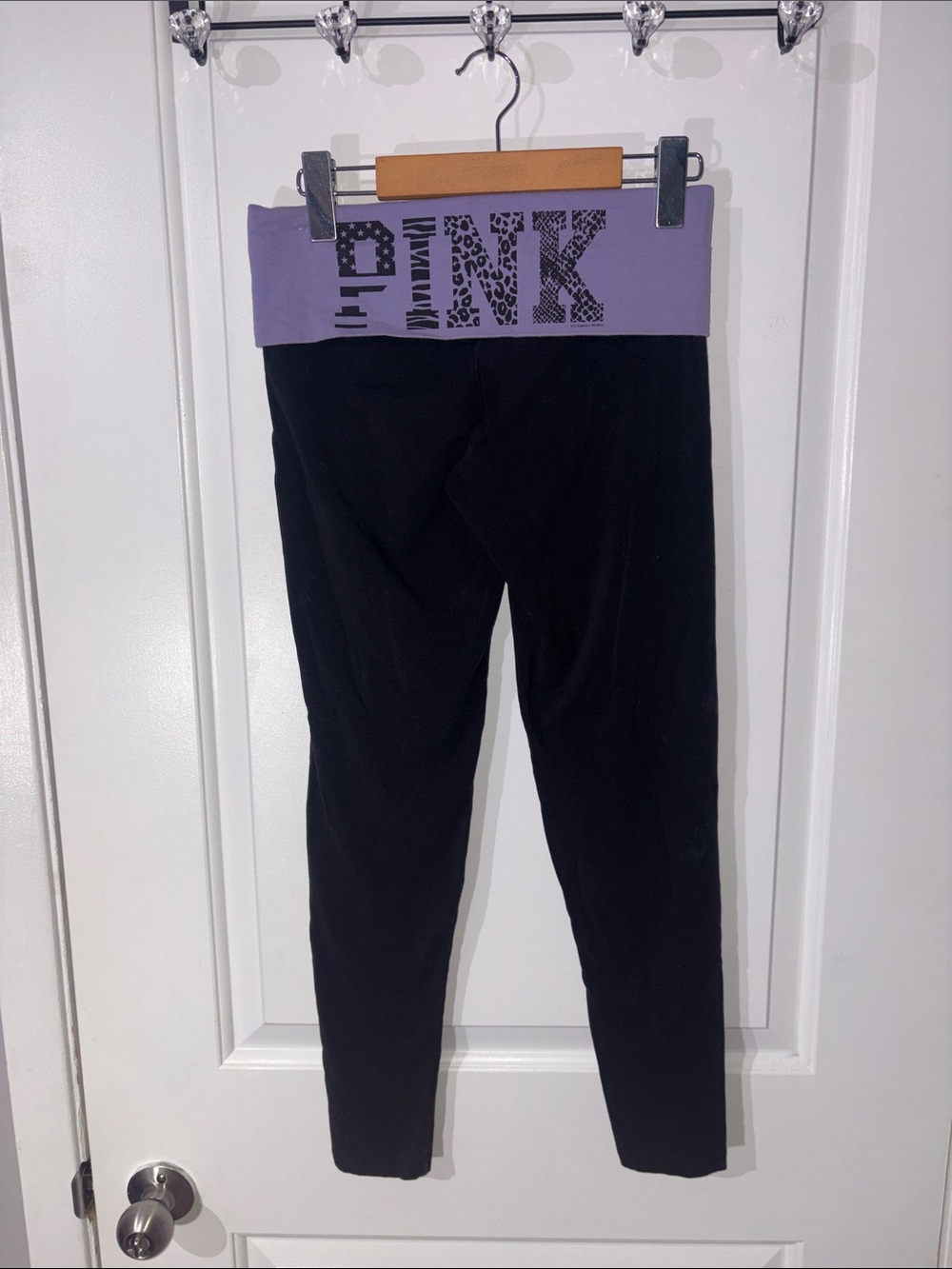 Victoria's Secret Black Leggings with Lavender Fold-Over Waistband